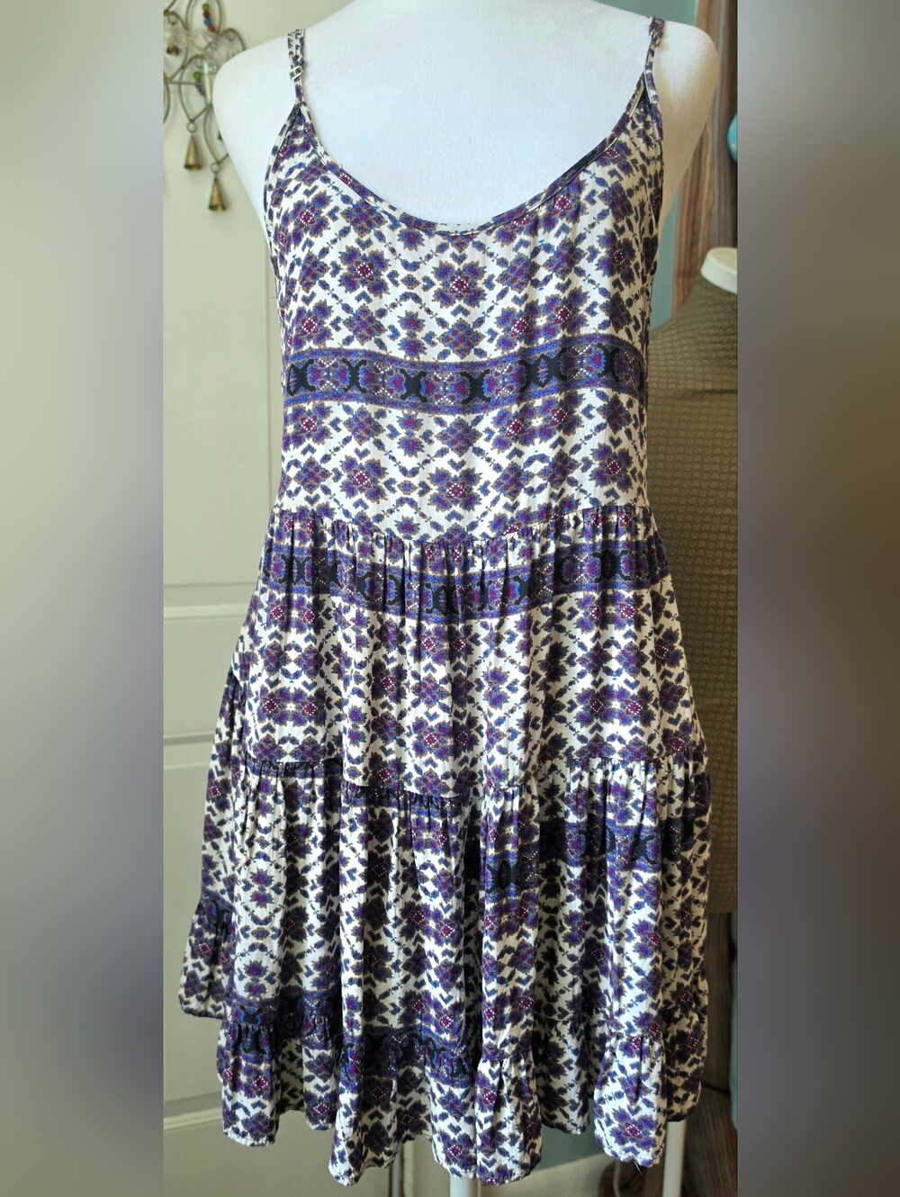 Brandy Melville Jada Mini Boho Sundress Womens OS Purple White Tiered Adjust Str